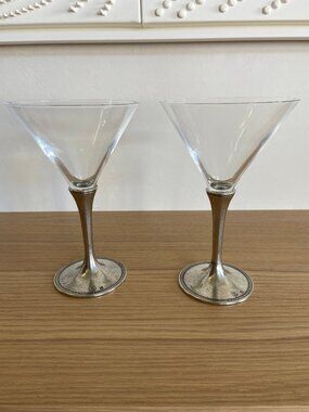Vintage Arte Italica Verona Martini Glasses, Pewter Stems and Handblown Glass- S